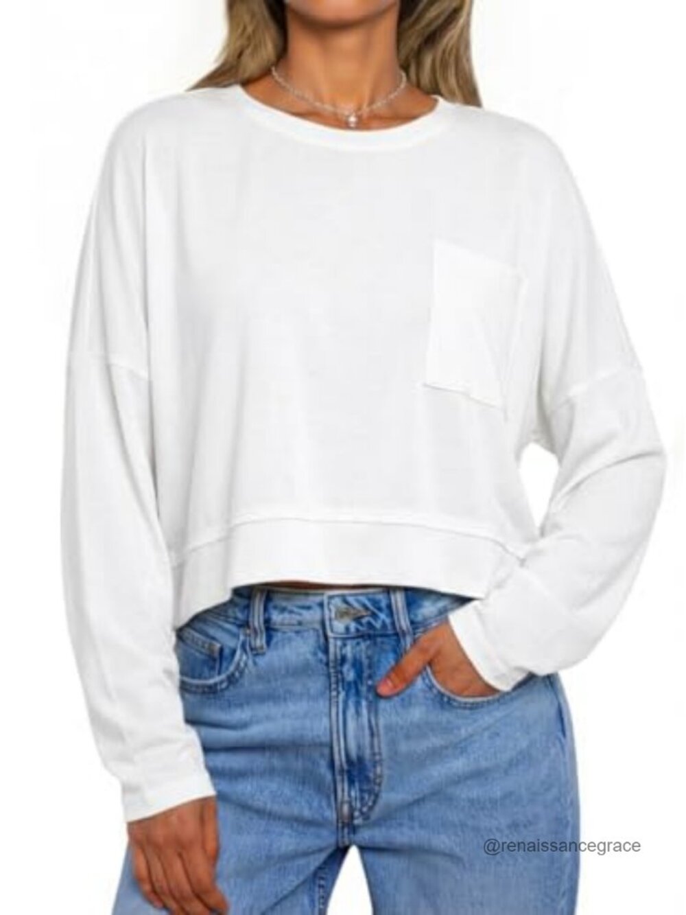 Womens Cropped Long Sleeve Boxy Tee Loose Fit Crew Neck Pocket Top